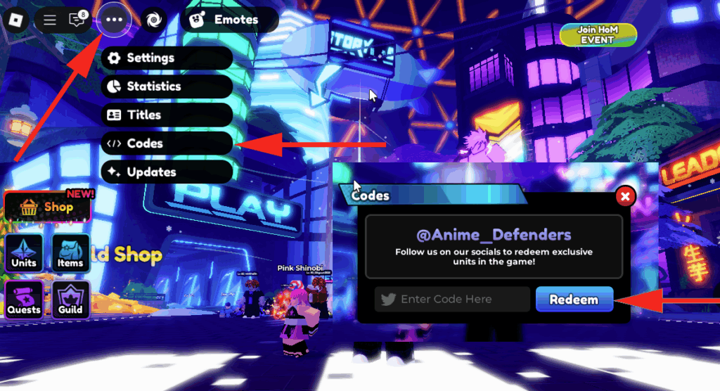 Cách nhập code Anime Defenders